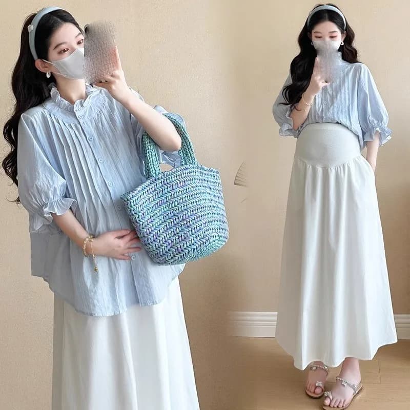 Set of 2 pieces with summer fashionable skirt and top for pregnant women Clothing set for pregnant women in breathable solid color LJ346
