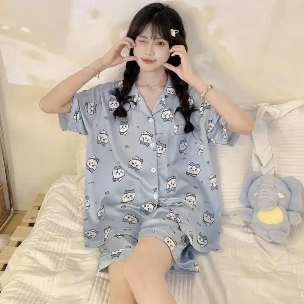 Kawaii Summer Short Sleeves Shorts Set 2Pcs Cute Chiikawa Usagi Ice Silk Pajamas Suit for Women Cartoon Girls Home Clothes