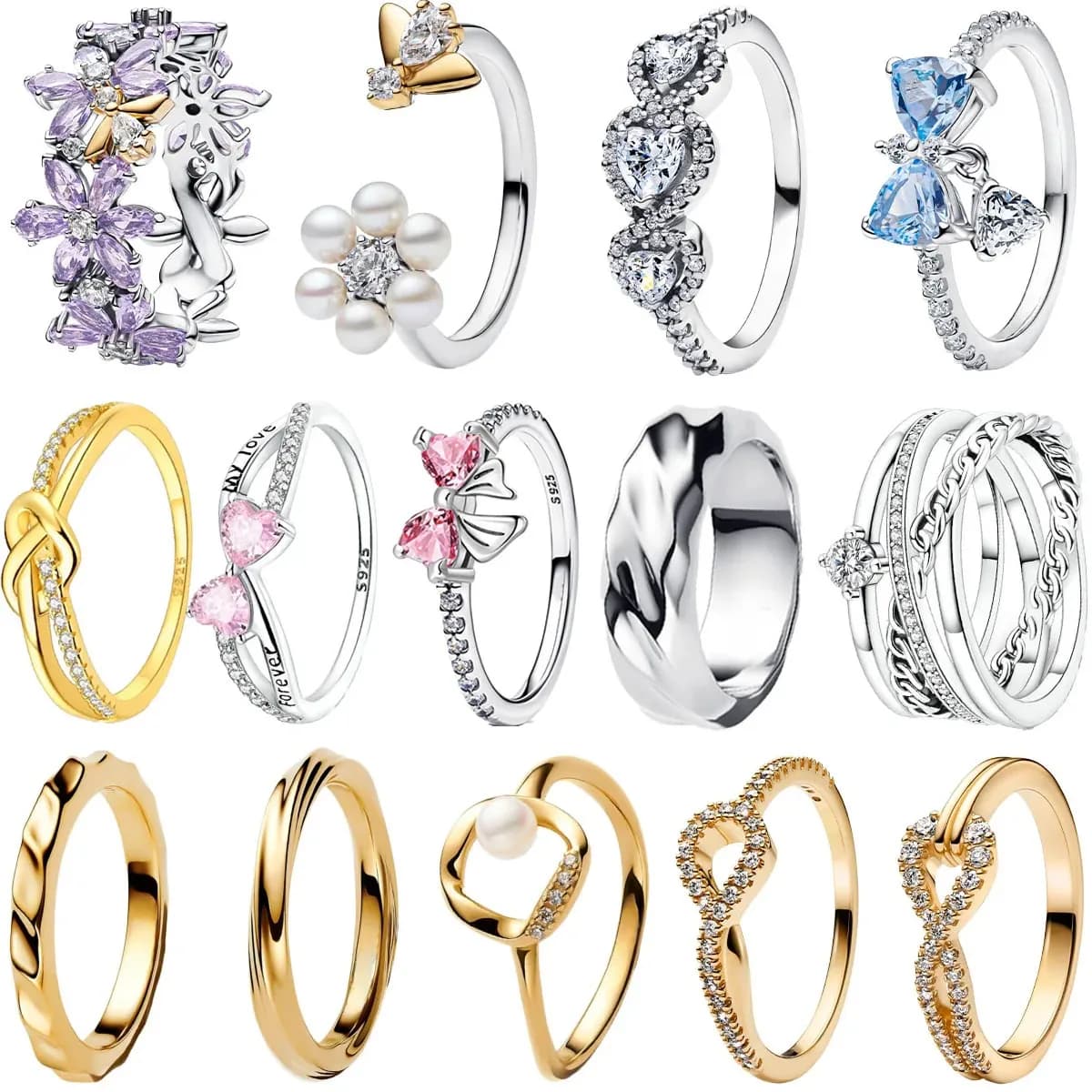 Anello in Argento Sterling 925 Originale con Fiocco Colorato, Perla, Ape, Fiore e Cristallo per Donna, Regalo di San Valentino o Compleanno