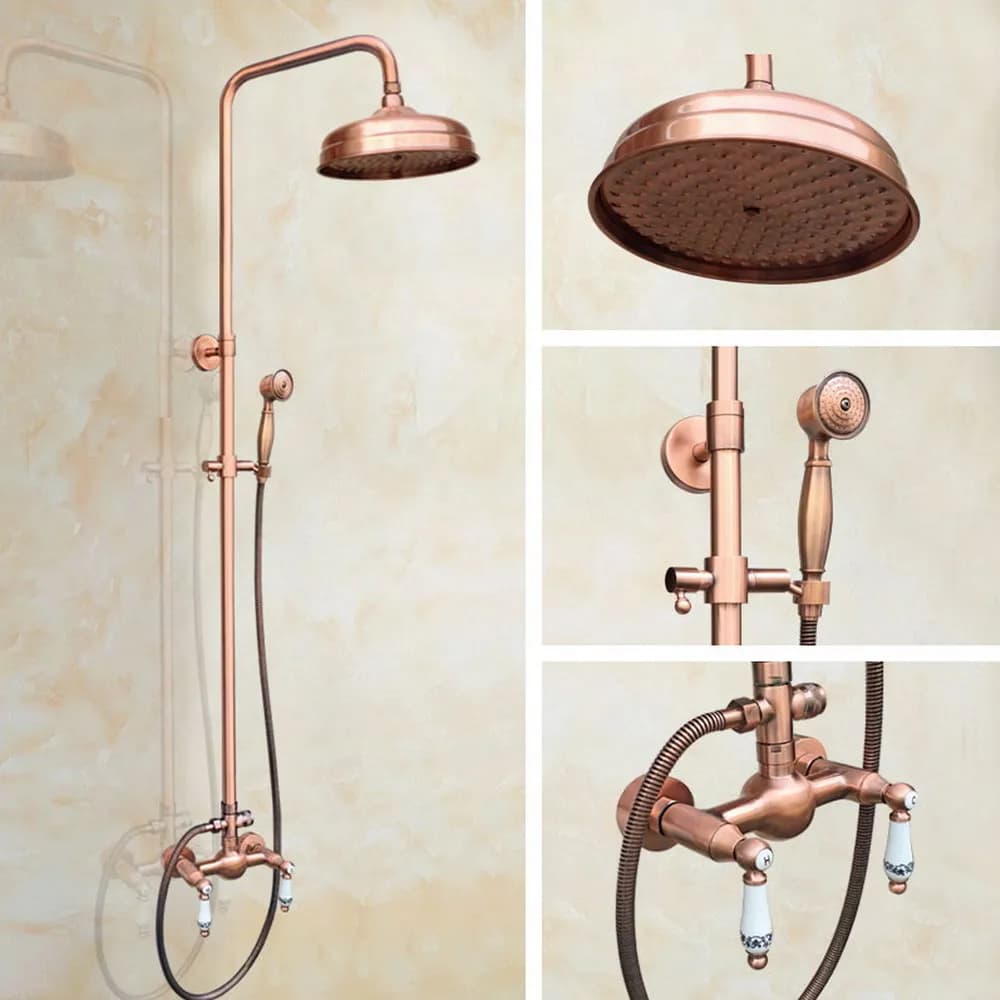 Antique Red Copper Brass Dual Ceramic Handles Bathroom 8 Inch Round Rain Shower Faucet Set Mixer Tap Hand Shower mrg551