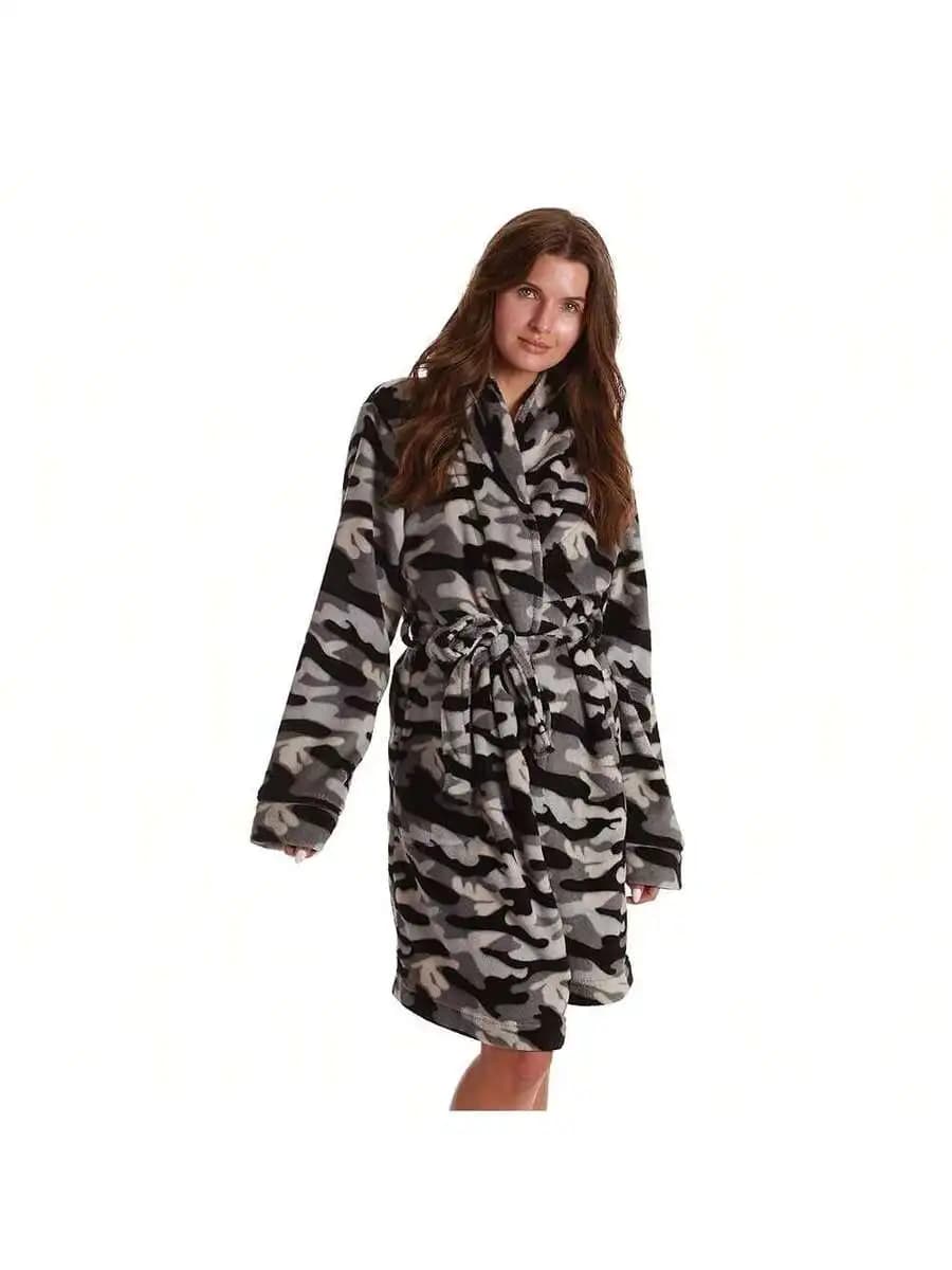 Velour Bath Robe For Women With Camouflage Print And Tie Belt