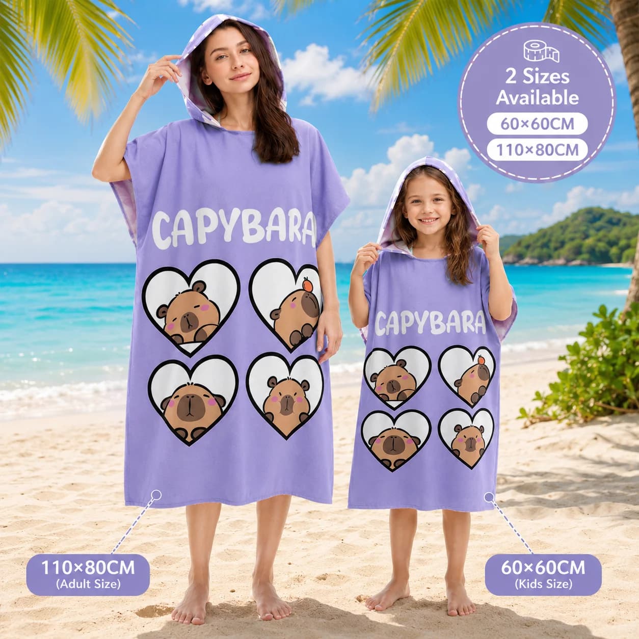 Poncho con Cappuccio in Spugna Viola con Stampa a Cuore, Accappatoio per Bambini e Adulti, Coordinato per Famiglia, Ideale per Spiaggia, Piscina e Feste