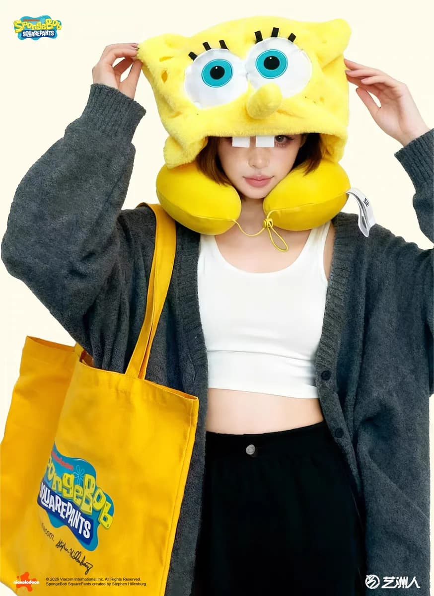 Cuscino da Viaggio a Forma di U con Cappuccio dei Personaggi di SpongeBob SquarePants, Simpatico Cuscino per il Collo a Tema Cartone Animato, Regalo da Collezione