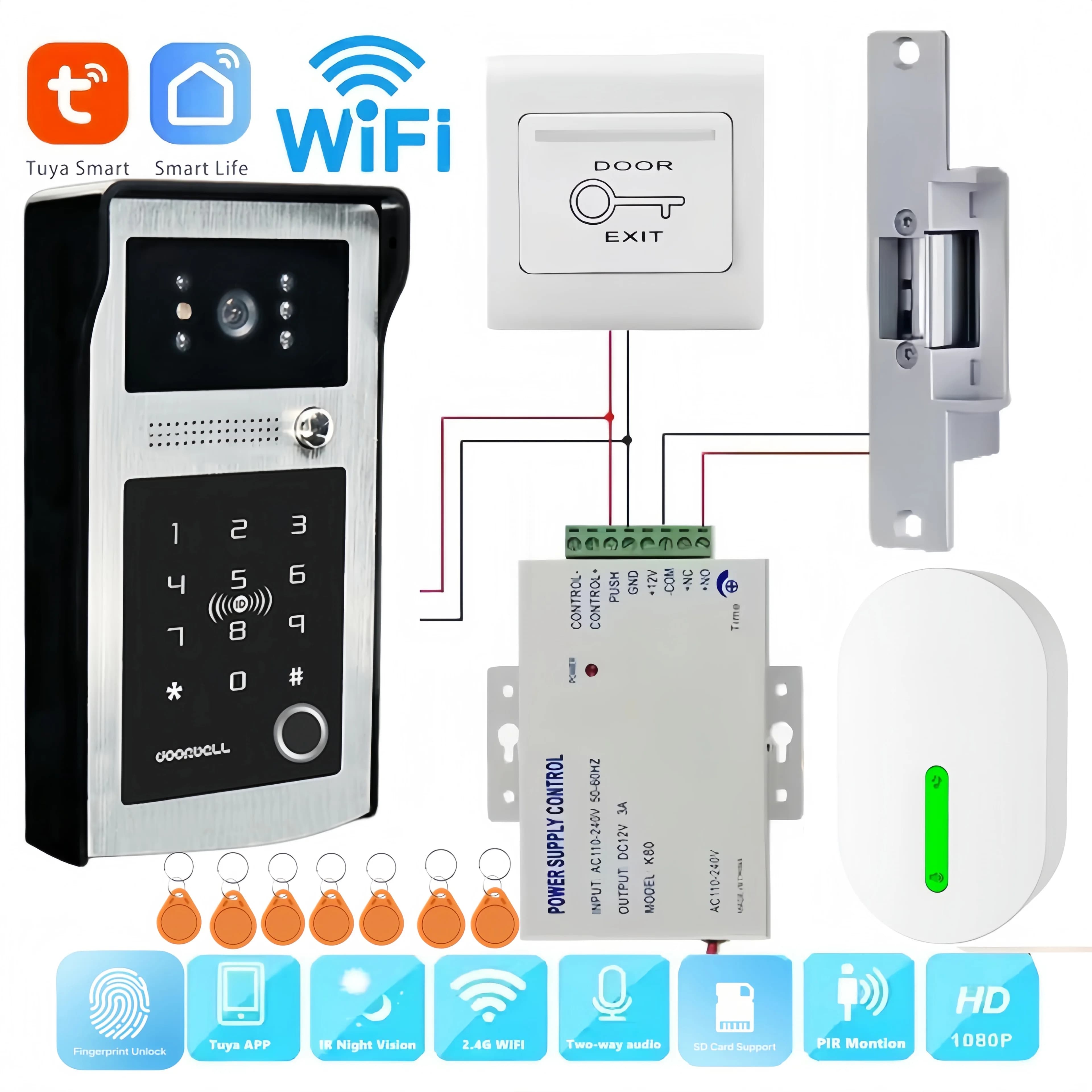 Wifi Smart Video Doorbell Tuya Intercom System 1080P Wireless video door phone sd password RFID fingerprint for Home Apartment