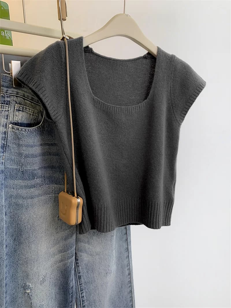 Pure Desire Spicy Camicia in filato di lana lavorata a maglia a maniche corte da donna, top con colletto quadrato, stile corto, per la primavera e l'estate