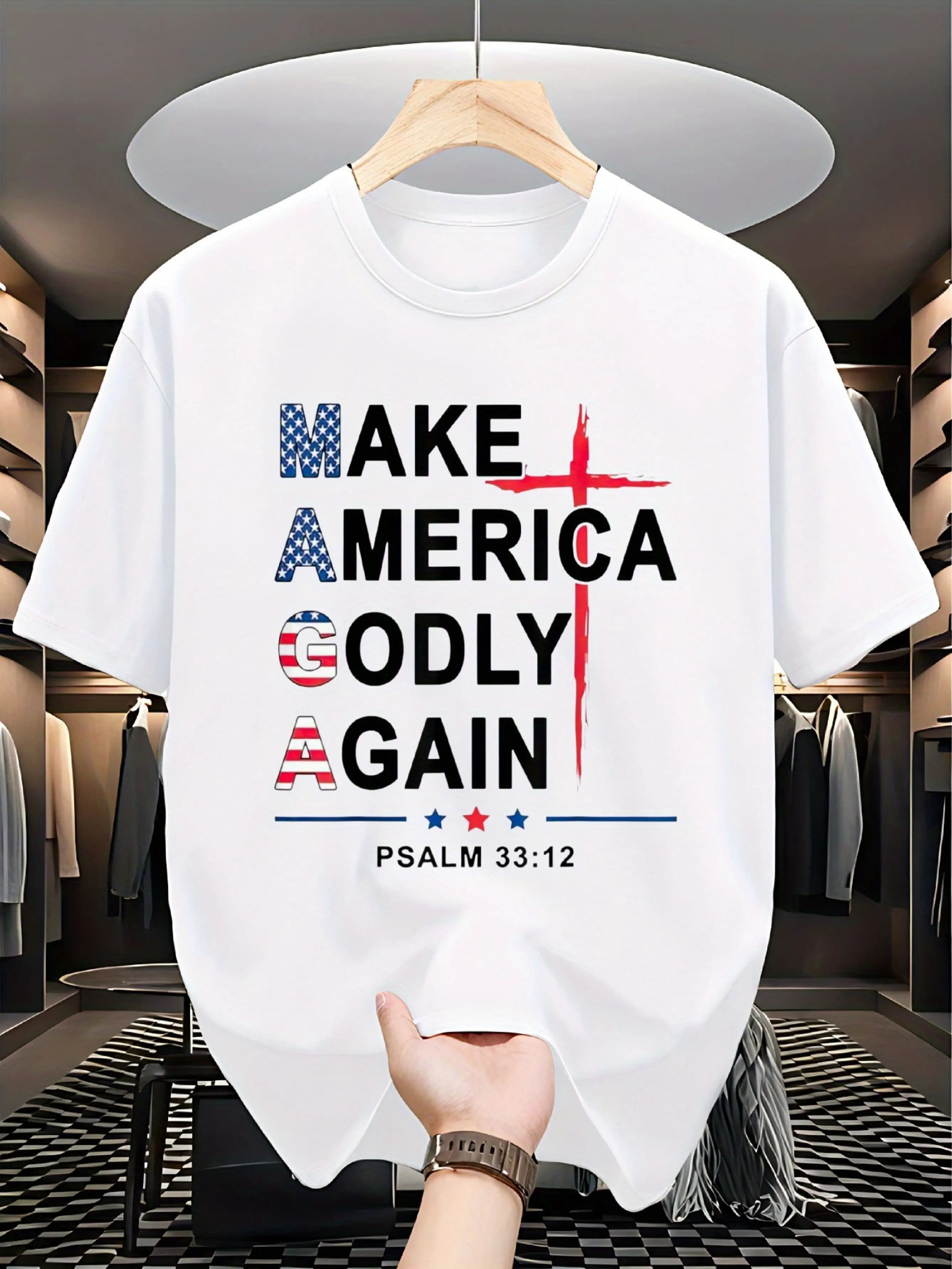 T-shirt cristiana patriottica MAGA da uomo - "Let America Revere God Again" Design bandiera americana rossa, bianca e blu
