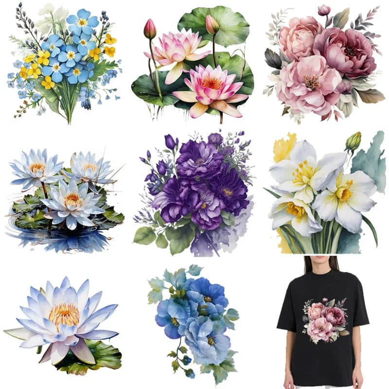 Fiori ad acquerello DTF Abbigliamento Adesivi di loto termoadesivi Toppe per trasferimento di calore in vinile per abbigliamento fai da te T-shirt Pellicola per trasferimento di calore