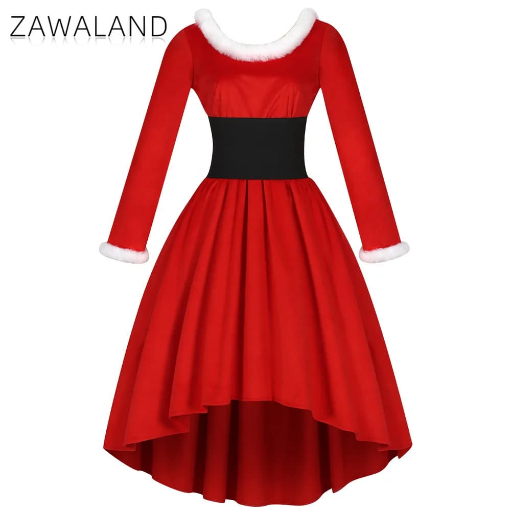 Christmas Red Velvet Cosplay Dresses High-Low Women's Long Sleeved Gonna Christmas Party Dresses with Belt Winter Festival Dresses