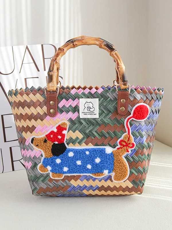 Retro Woven Handbag Sausage Dog Single oulder Beach Commuter Bag Vegetable Basket Storage Snas Miscellaneous Goods