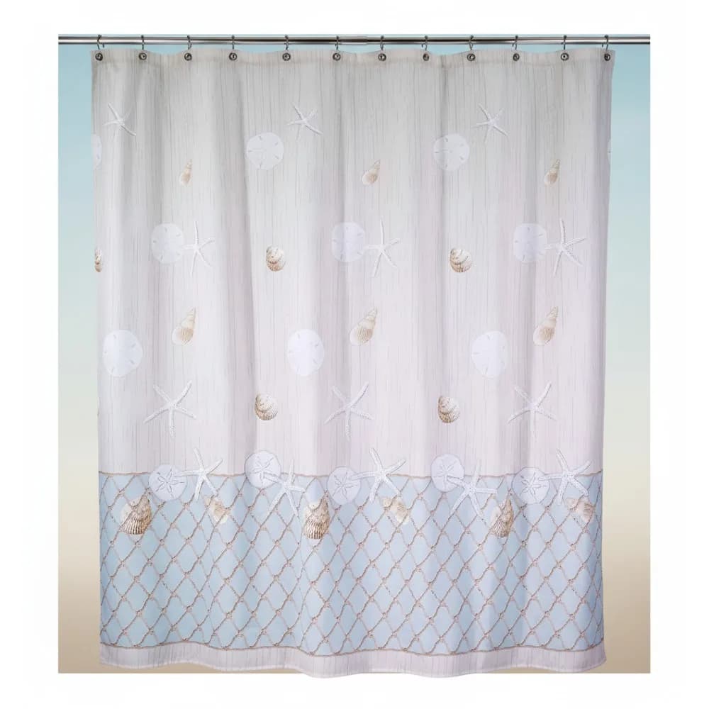 Beach-inspired fabric shower curtain with sea shells and stars - Coastal bathroom furniture for nautical theme