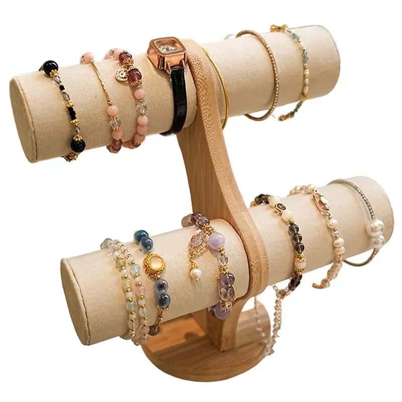 B08B-Wood Jewelry Bracelet Chain Watch Double Layer Rack Organizer Storage Display Hard Support for Women