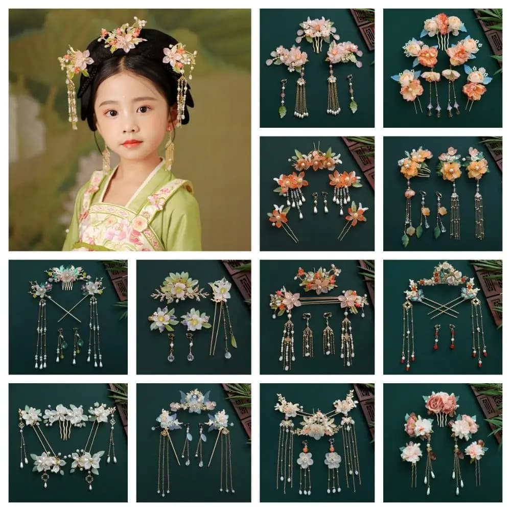 Set di Eleganti Fermagli per Capelli in Stile Cinese con Perle, Orecchini, Bastoncini per Acconciature Hanfu, Pettine e Accessori per Acconciature