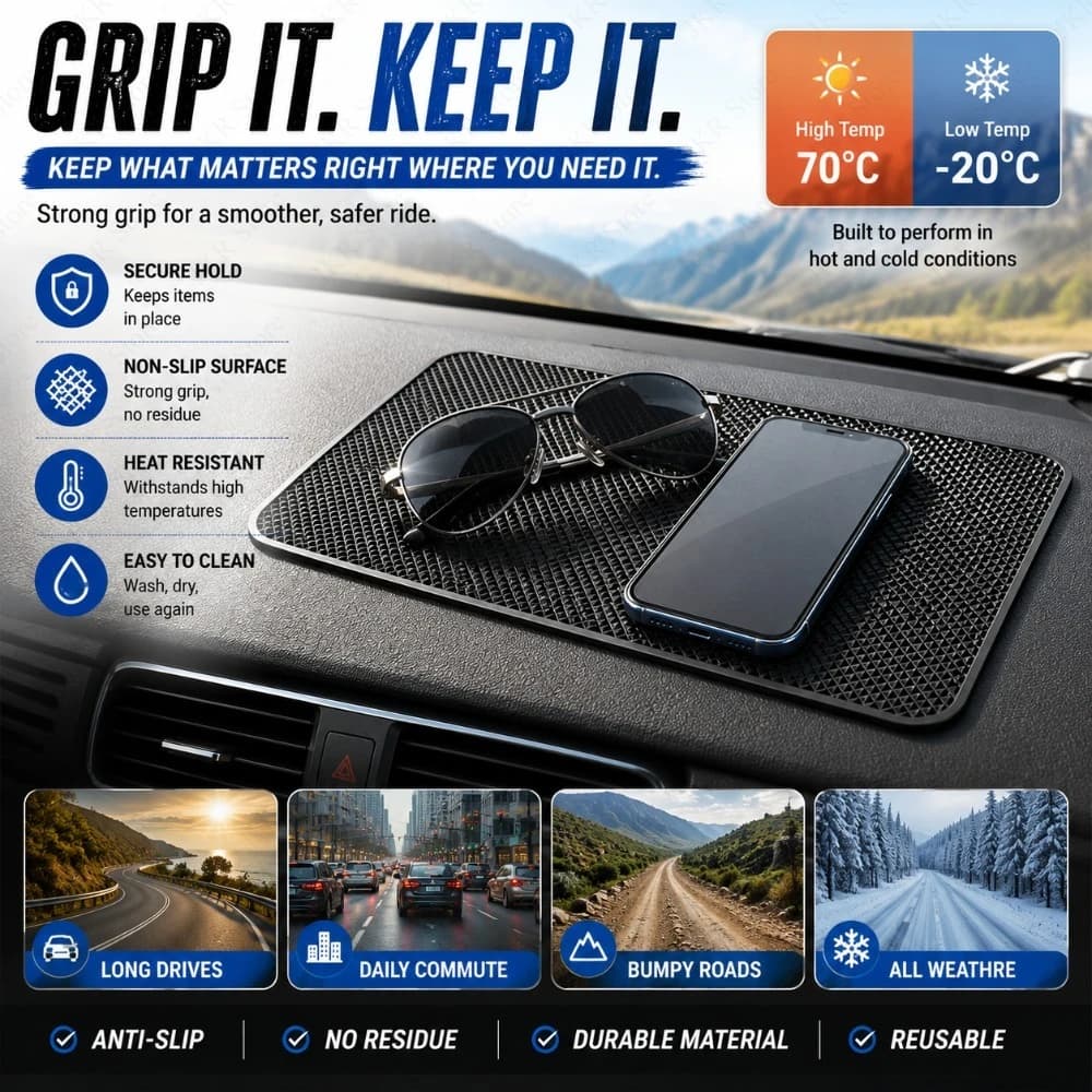 Car Dashboard PVC Non Slip Mat Sticky Gel Pad Reusable Holder for Phone Sunglasses Keys Cup Coaster and Driving Accessories