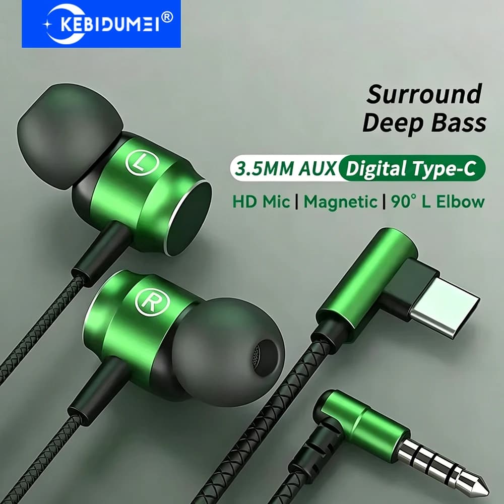 KEBIDUMEI L Jack Auricolari da Gaming con Cavo e Magnete, Cuffie Stereo HiFi da 3,5mm Tipo-C, Auricolari Musicali con Microfono