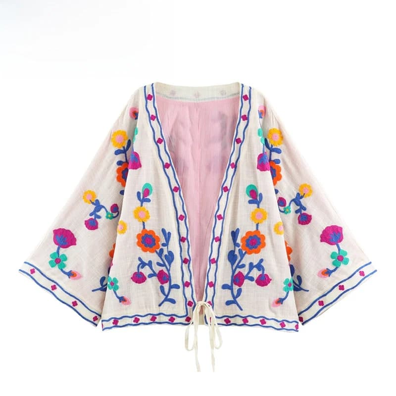 Elegant Floral Embroidery Jacket Women's Fashion Outerwear Polyester Fiber Short Style Summer Season Seven Sleeve Long