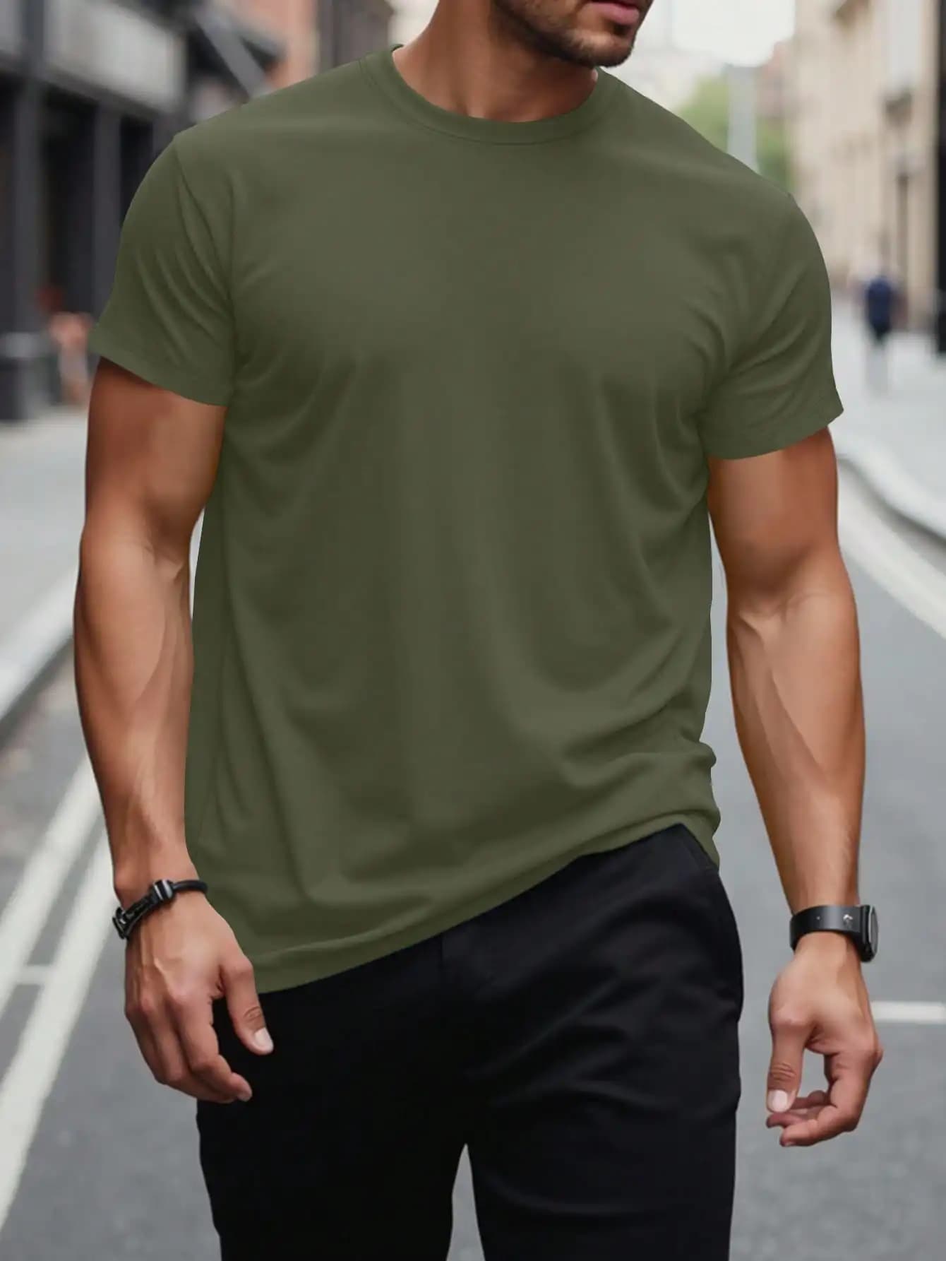 Men's T-Shirt Green Oliva Court Sleeve With Round Neck for Daily Use Casual