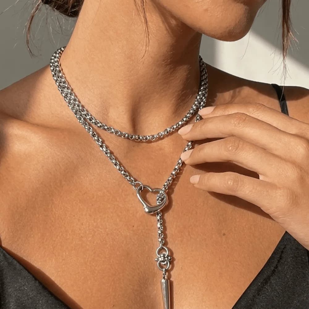 Alloy Heart Spike Pendant Necklace Heart-Shaped Lock Pointed Cone Pendant Y‑Shaped Tassel Choker Long Anti-Slip Chain Necklace