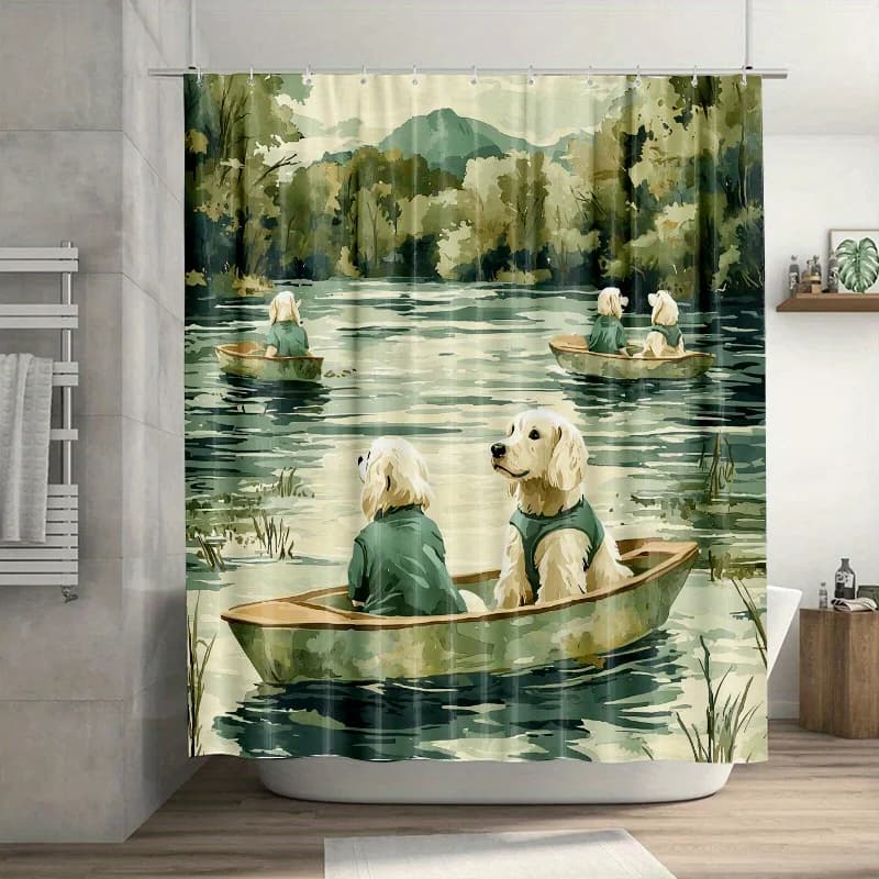 Tenda da doccia per amante dei cani da 1 pezzo: affascinante design canino verde, 71x71 pollici, poliestere, 12 ganci, arredamento estivo e bagno