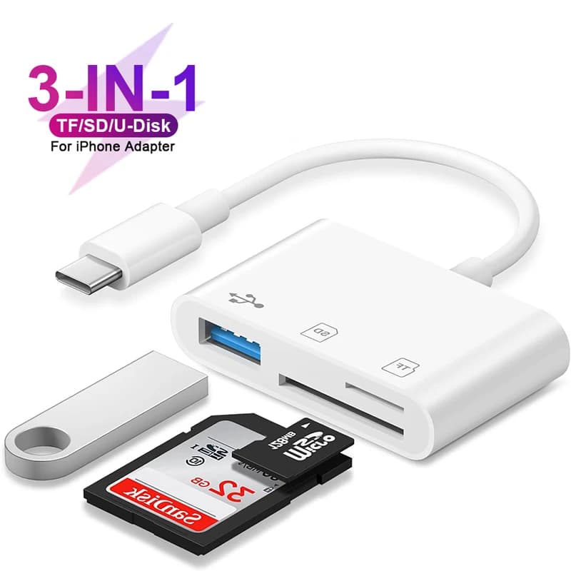 Lettore di Schede SD per iPhone 15 Series 3 in 1 Micro SD/TF/U Disk, Adattatore USB OTG per Samsung Huawei