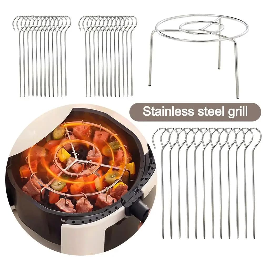 Round Stainless Steel Air Frying Grid with Grilled Skewers Hanging For Spills Vertical Grill for Outdoor Home Kitchen