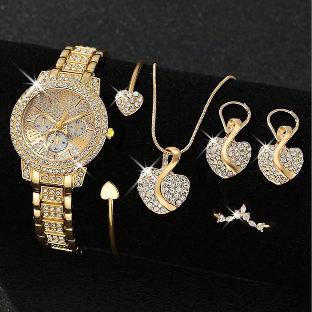 Women's Luxury Gold Quartz Watch Women's Ring Earrings Rhinestone Fashion Wrist Watch Casual Women's Watch Jewelry Set