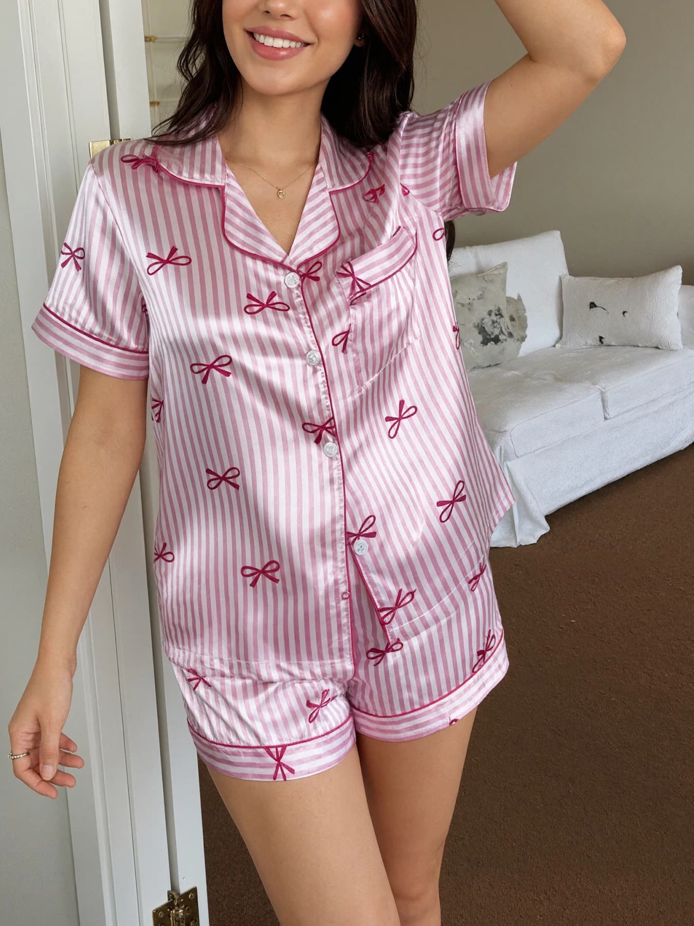 Women Pajamas Set Bow Tie Striped Faux Silk Lapel Short Sleeve Shorts Women Pajama Set Sleepwear Home Clothes for Women Pj Set