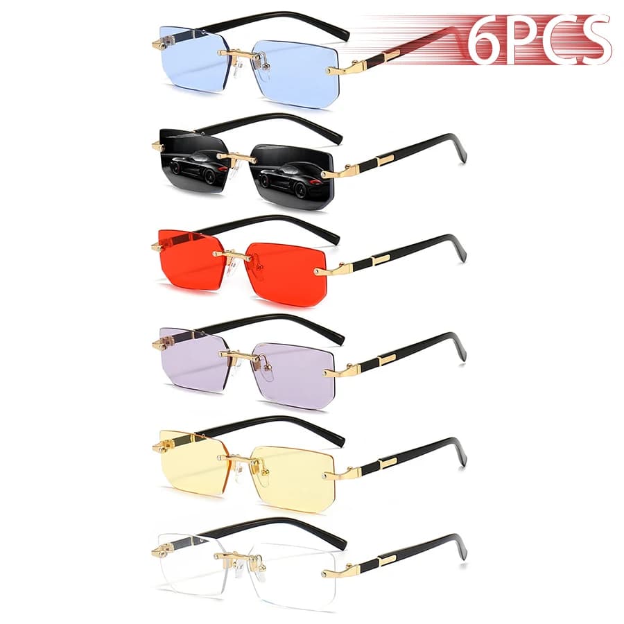 6PCS Rimless Sunglasses for Men and Women, Rectangle Gradient Lens, Metal Frame, Colored Lenses, Unisex Eyewear, Luxury Fashion