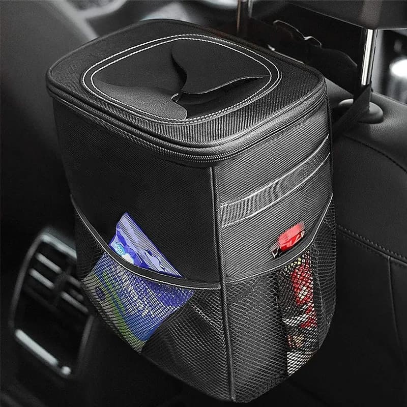 Foldable Car Trash Can Hanging Waterproof Vehicle Garbage Bag with Storage Pockets Reusable Camping Organizer Adjustable Strap
