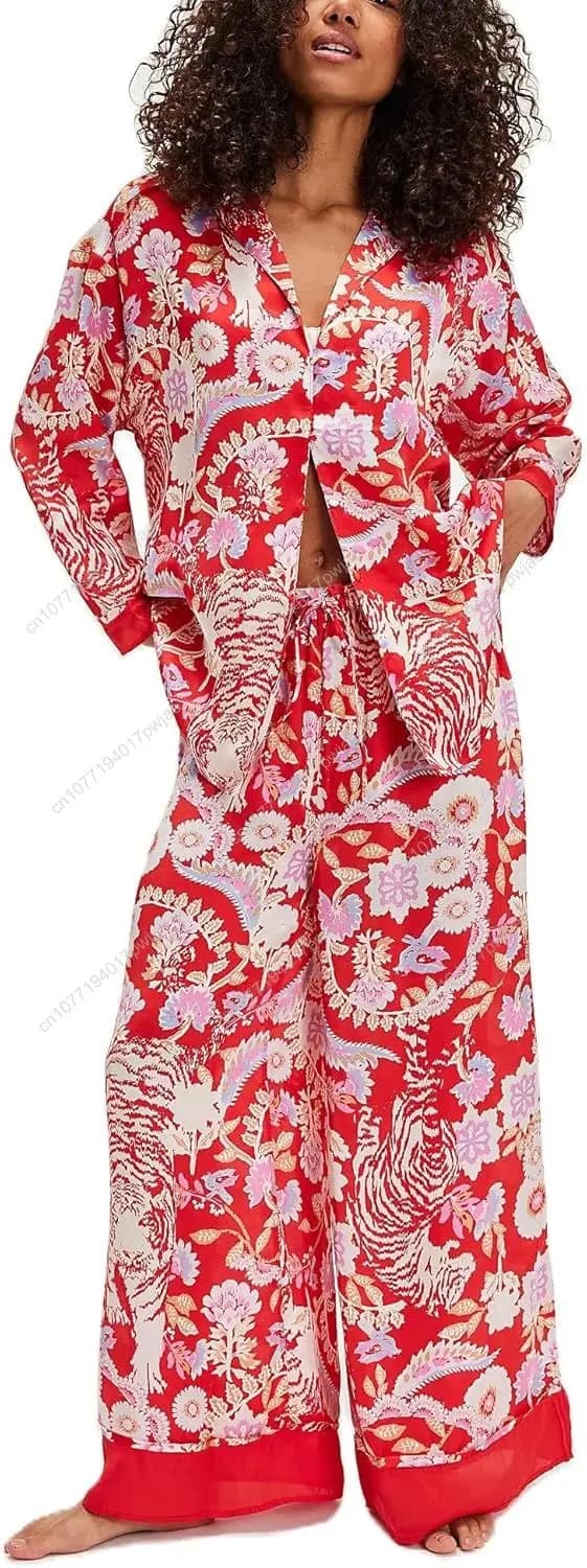 Pigiama da donna in seta Y2k con stampa floreale, maniche lunghe, bottoni, pantaloni a gamba larga, set da salotto da 2 pezzi