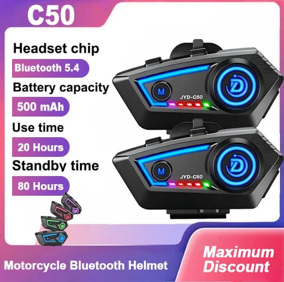 Cuffie Bluetooth 5.4 C50 per Casco Moto, Kit Vivavoce Wireless per Chiamate, Auricolari Impermeabili, Lettore MP3, Altoparlante