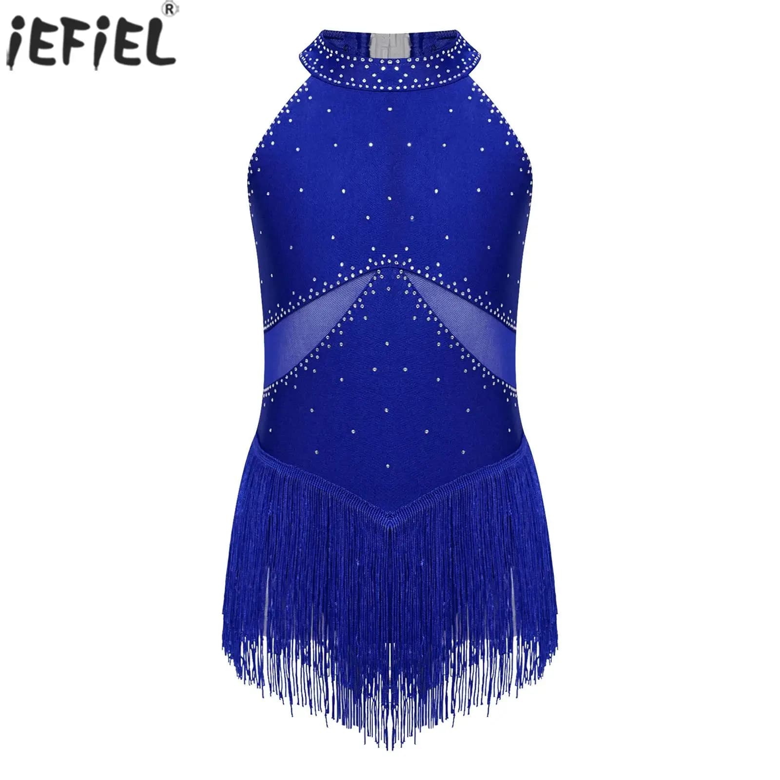 Vestito da ballo per balletto per bambina, ginnastica, pattinaggio di figura, costume da spettacolo, senza maniche, con strass, con frange, tango latino