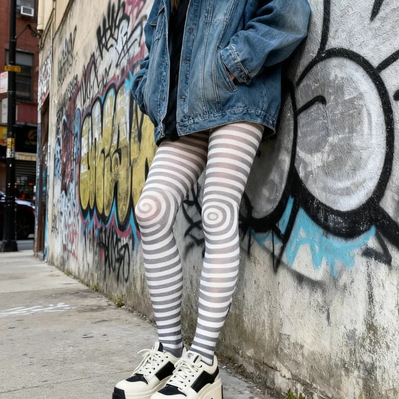 Women's Japanese Subculture Punk White Silk Pantyhose Stockings Spirals Striped Patterned Opaque Tights Leggings Hosiery