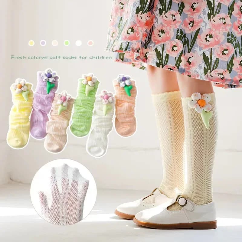 Calzini lunghi in cotone color caramello dolce per bambine, simpatici fiori tridimensionali, calzini alti al ginocchio, calze di protezione solare
