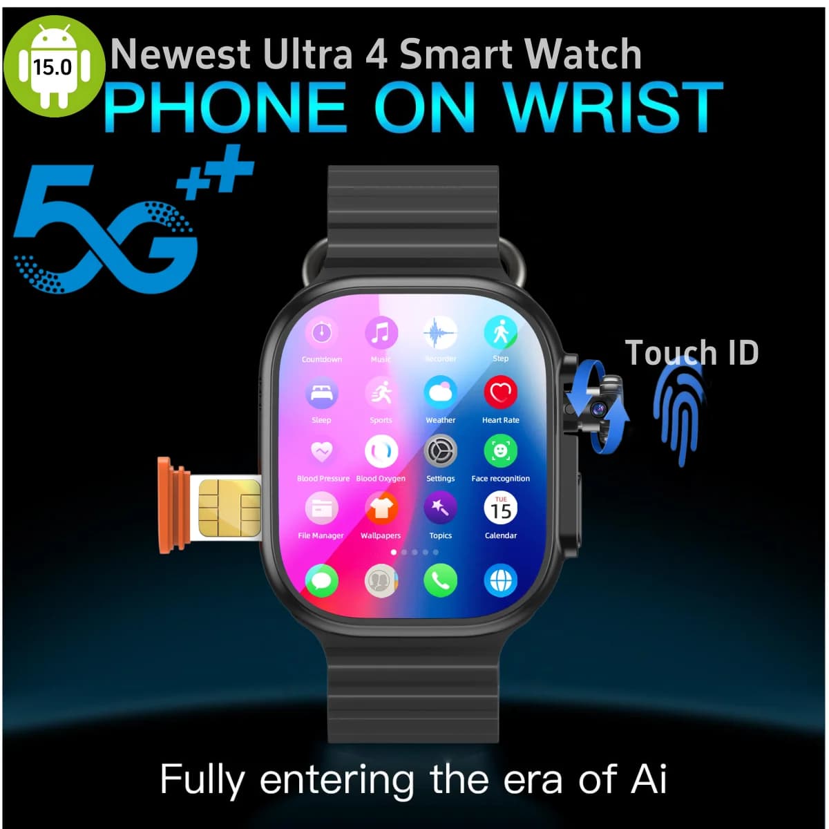 Smartwatch Ultra4 per Uomo con WIFI, Touch ID, NFC, Fotocamera Rotante, Controllo a Infrarossi, Slot per Scheda SIM e Videochiamata