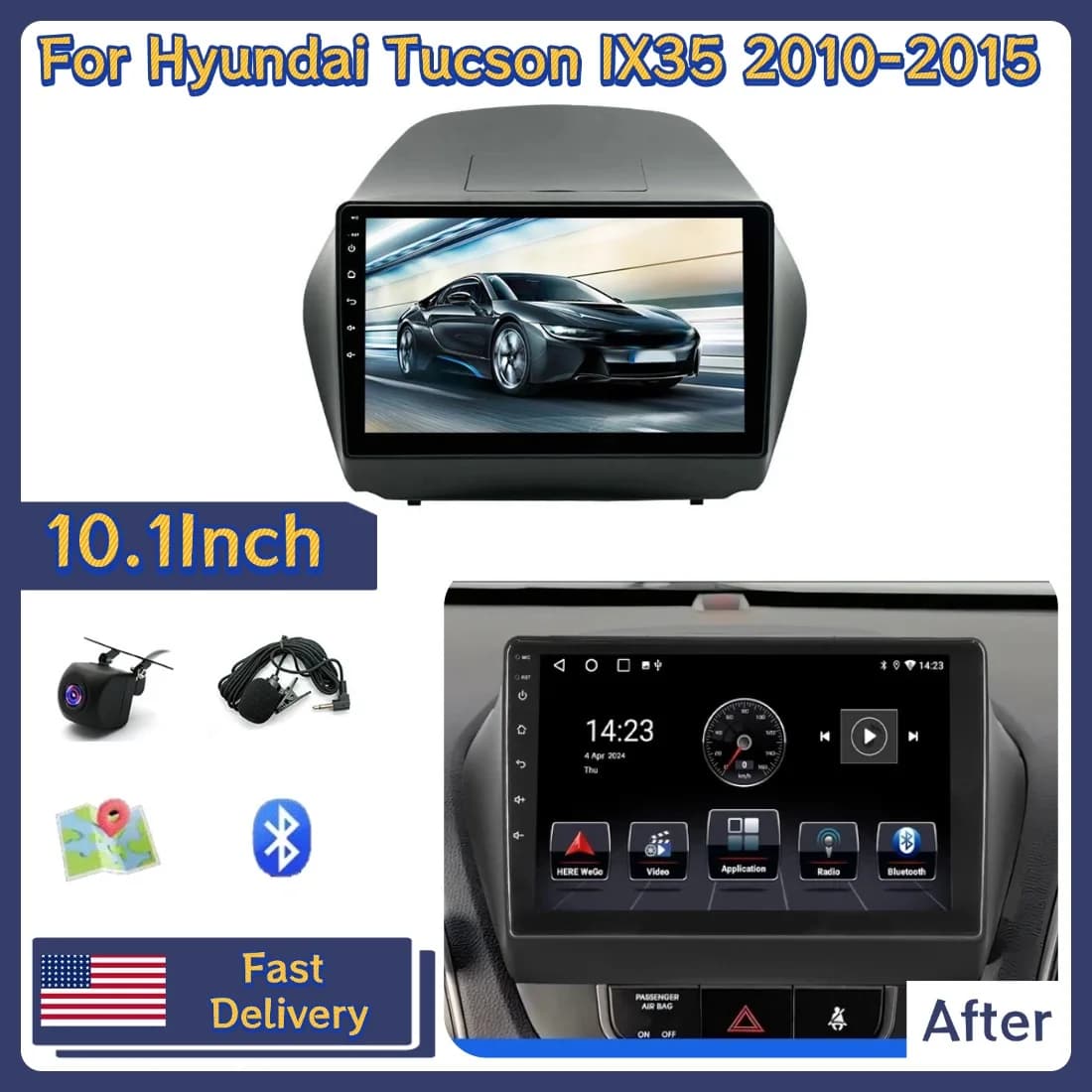 10.1inch Car Stereo Radio For Hyundai Tucson IX35 2010-2015 4+64G GPS Navigation For Carplay Android 15 Bluetooth WiFi Radio