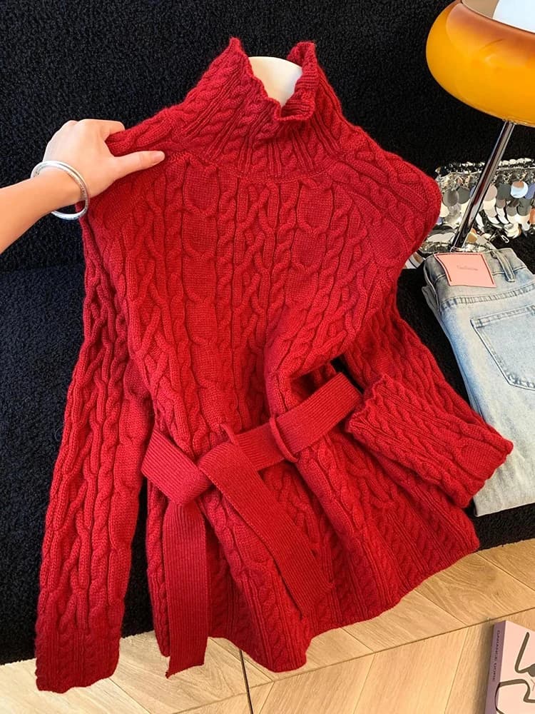 con cintura maglione dolcevita lavorato a maglia per donna primavera coreano solido semplice maglione lavorato a maglia a maniche lunghe pullover femminile tutto abbinato nuovo