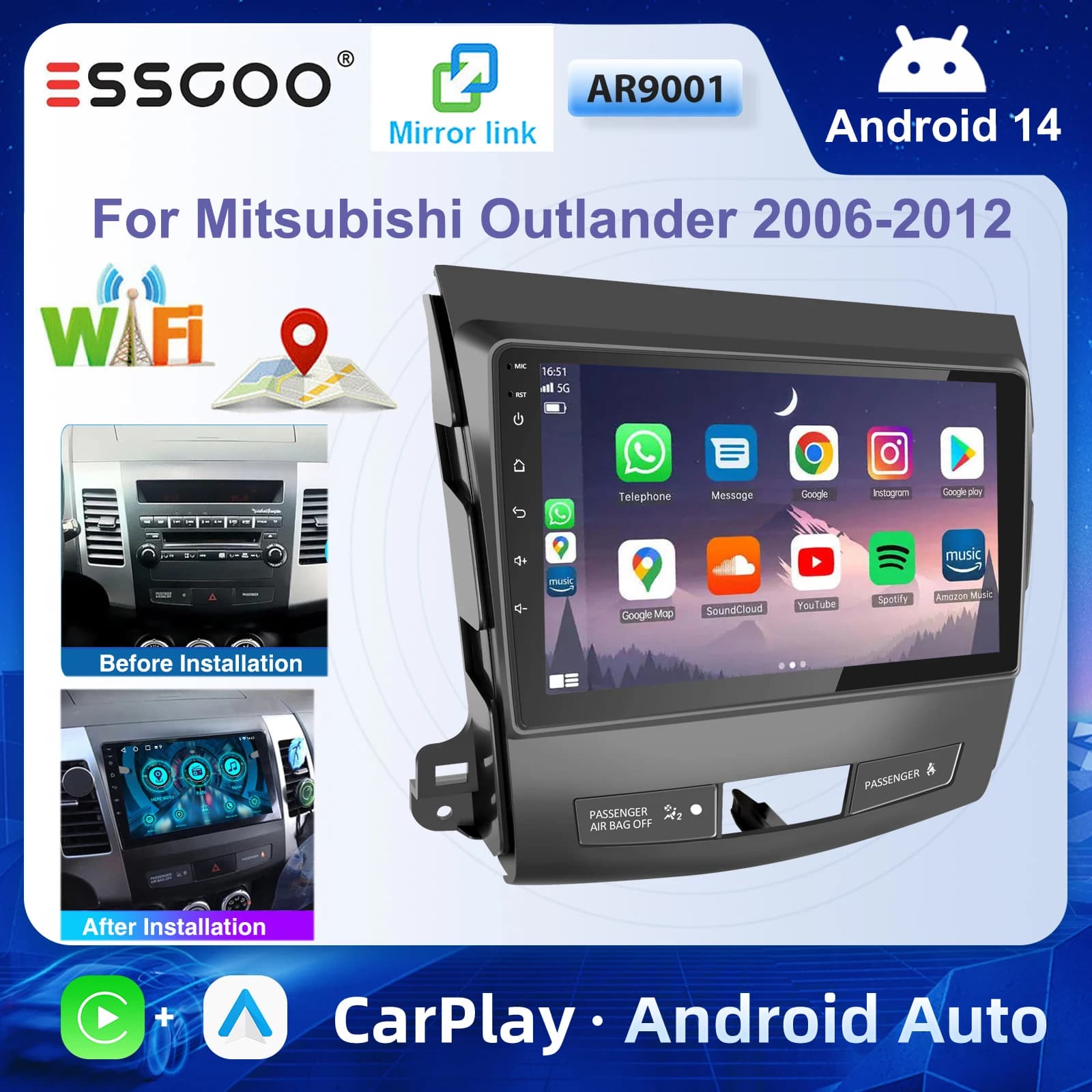 ESSGOO 9" Android 14 For Mitsubishi Outlander 2006-2012 Car Stereo Radio Carplay Android auto GPS BT FM Mirror link SWC WIFI USB