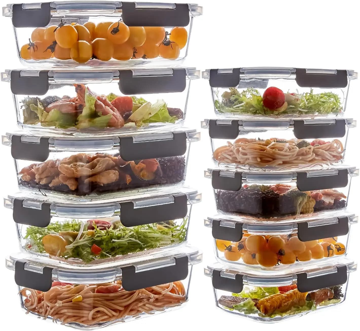 Set di 10 Contenitori in Vetro per Preparazione Pasti con Coperchi, Scatole Bento in Vetro Riutilizzabili Ermetiche e Antisgocciolamento, Adatte per Freezer e Microonde