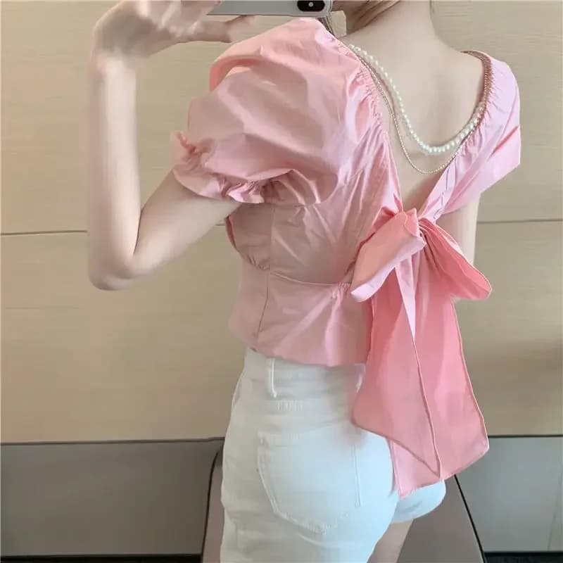 2025 moda nuova camicia con catena di perle donna estate francese fiocco backless camicetta bianca dolce manica a sbuffo crop top femminile