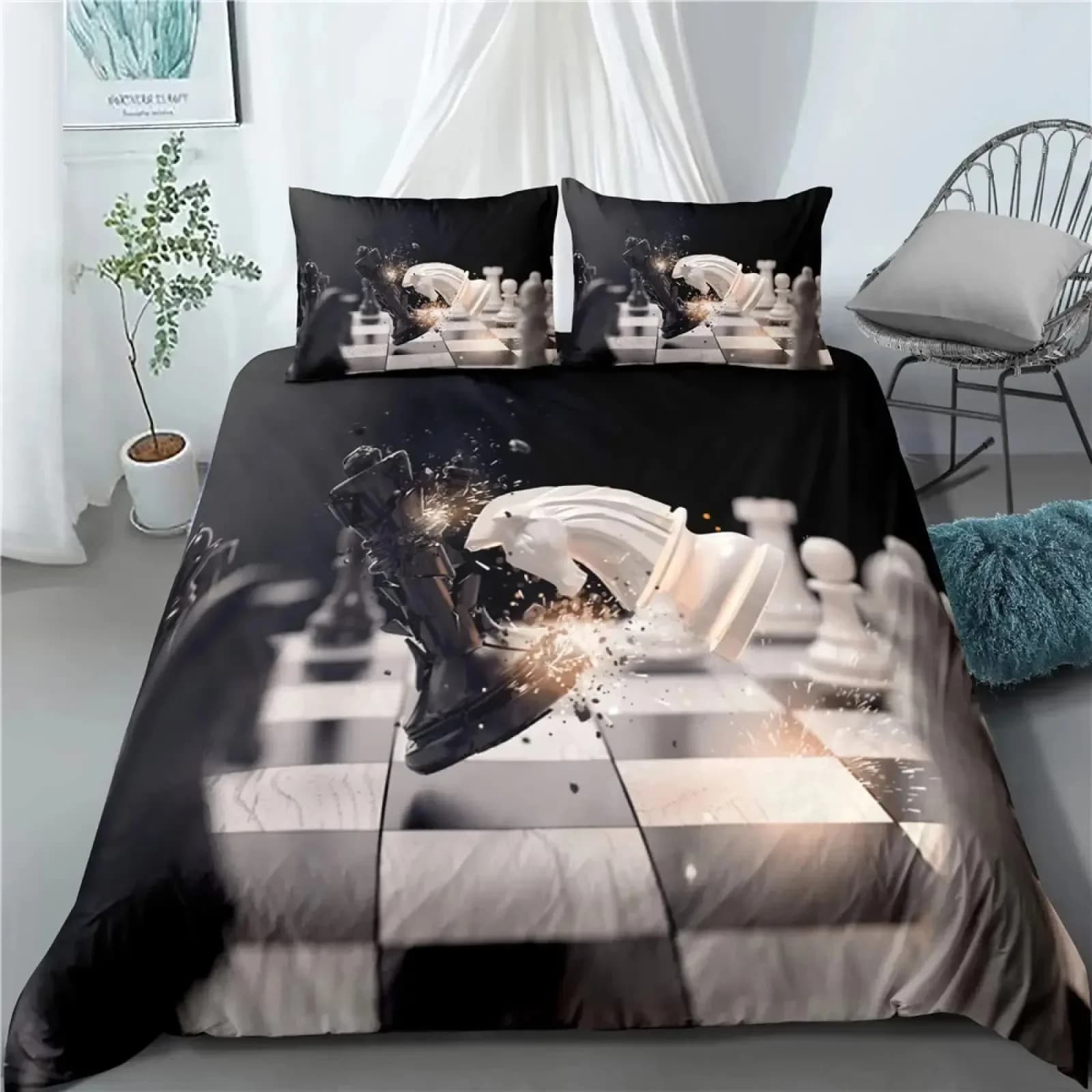 Set Copripiumino Scacchi Internazionali, Copripiumino a Scacchiera Bianco e Nero, Set da Letto per Bambini e Adolescenti