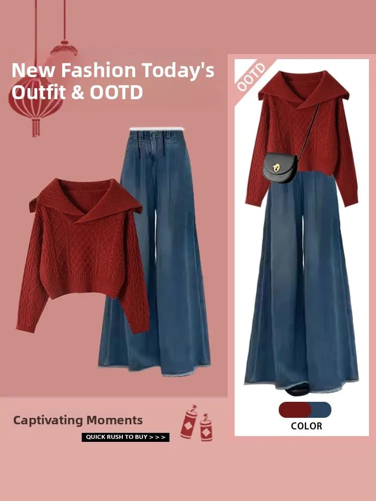 Set Moda Capodanno 2026: Maglione Rosso con Colletto alla Marinara e Jeans a Gamba Larga, Design Esclusivo e di Alta Classe