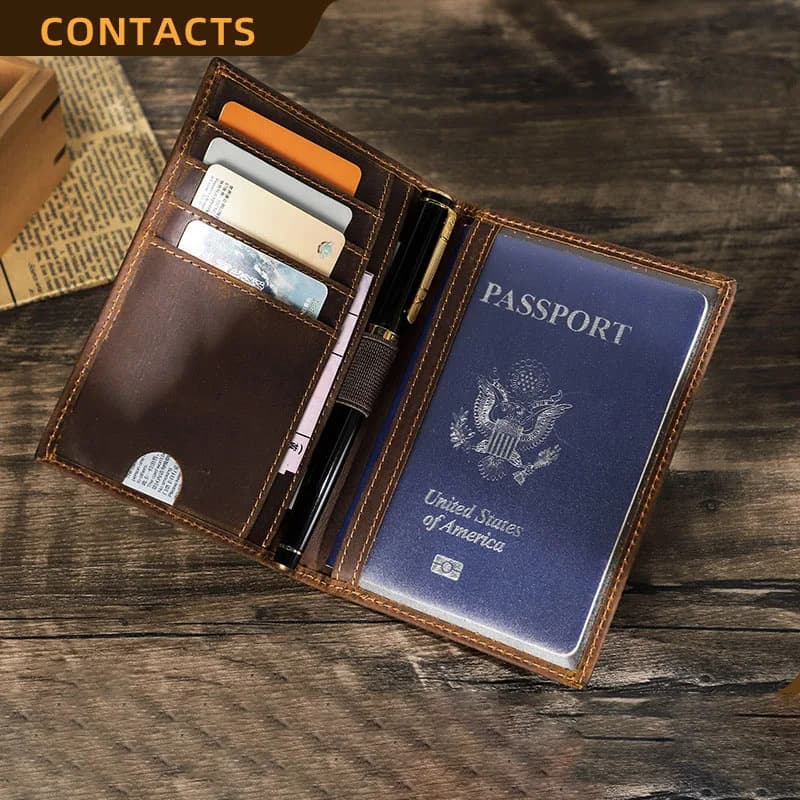 Retro Crazy Horse Leather RFID Anti-Theft Passport Holder with Belt Pen Holder Layered Belt for Men And Women