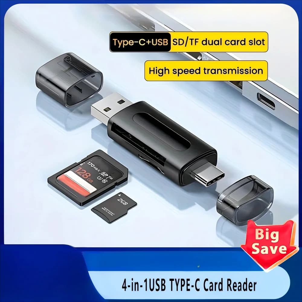 Mini USB 2.0 SD TF Card Lettore di schede USB Type-C multifunzionale 4 in 1, archiviazione esterna, nero, espandibile