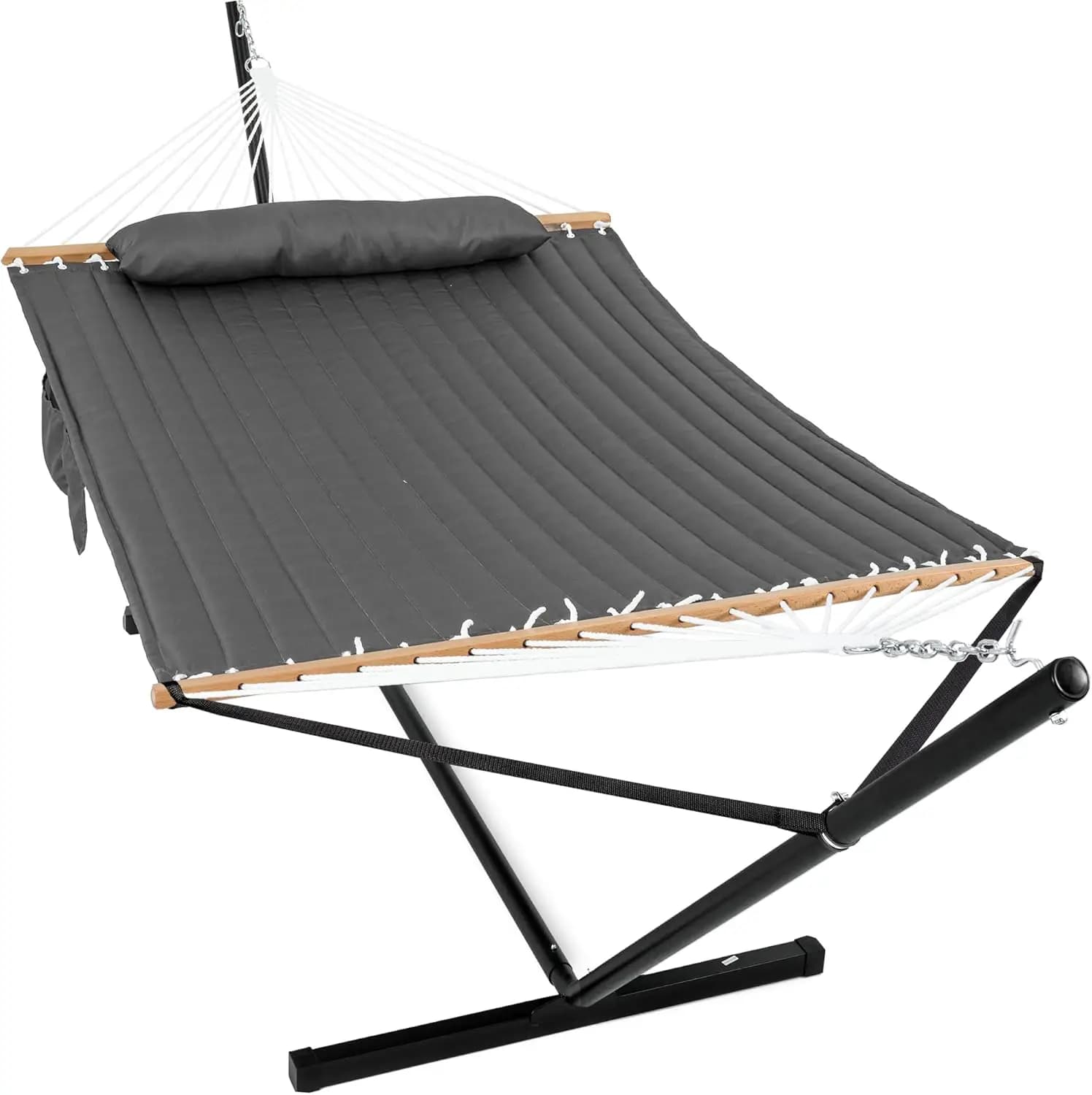 Amaca per 2 persone con supporto per esterni, supporto in acciaio resistente, amaca doppia da 55 pollici, cuscino grande rimovibile, borse portaoggetti, M