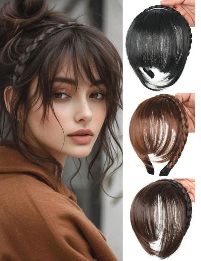 Hair Bangs With Braided Headband Hair Hoop Synthetic Extensions Elegant For Bangs, Black And Brown Synthetic Light Airy Bangs Wi