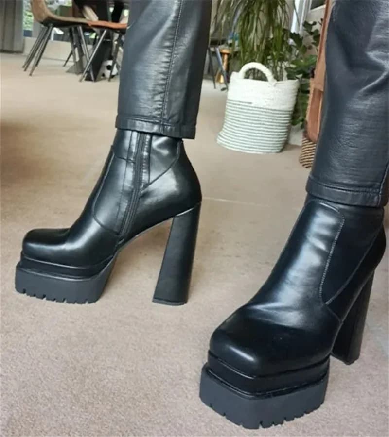 Onlymaker donna Quare Toe doppia piattaforma stivaletti con tacco largo cerniera tacco grosso nero opaco moda donna stivaletti