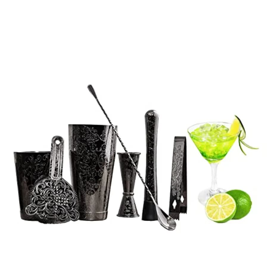 Set da Barman - Kit Cocktail 7 Pezzi in Acciaio Inox Nero Placcato con Incisioni, Include Shaker Boston e Cucchiaio da Miscelazione