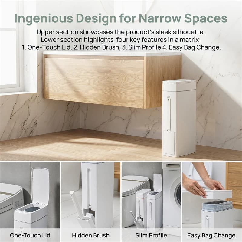 Cestino per Bagno Salvaspazio con Coperchio e Scopino, Combo Multifunzionale per il Bagno, Accessori per la Raccolta dei Rifiuti Domestici