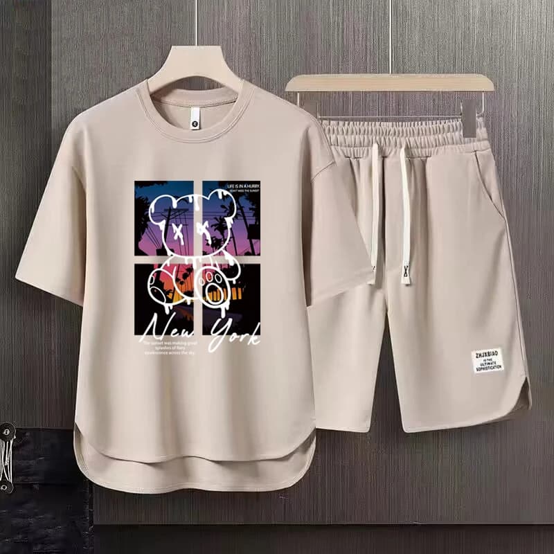 Hot Selling Men's Breathable Casual Short-Sleeved Shorts Set New York Graffiti Art Print Street Top Shorts Casual Two-Piece Set