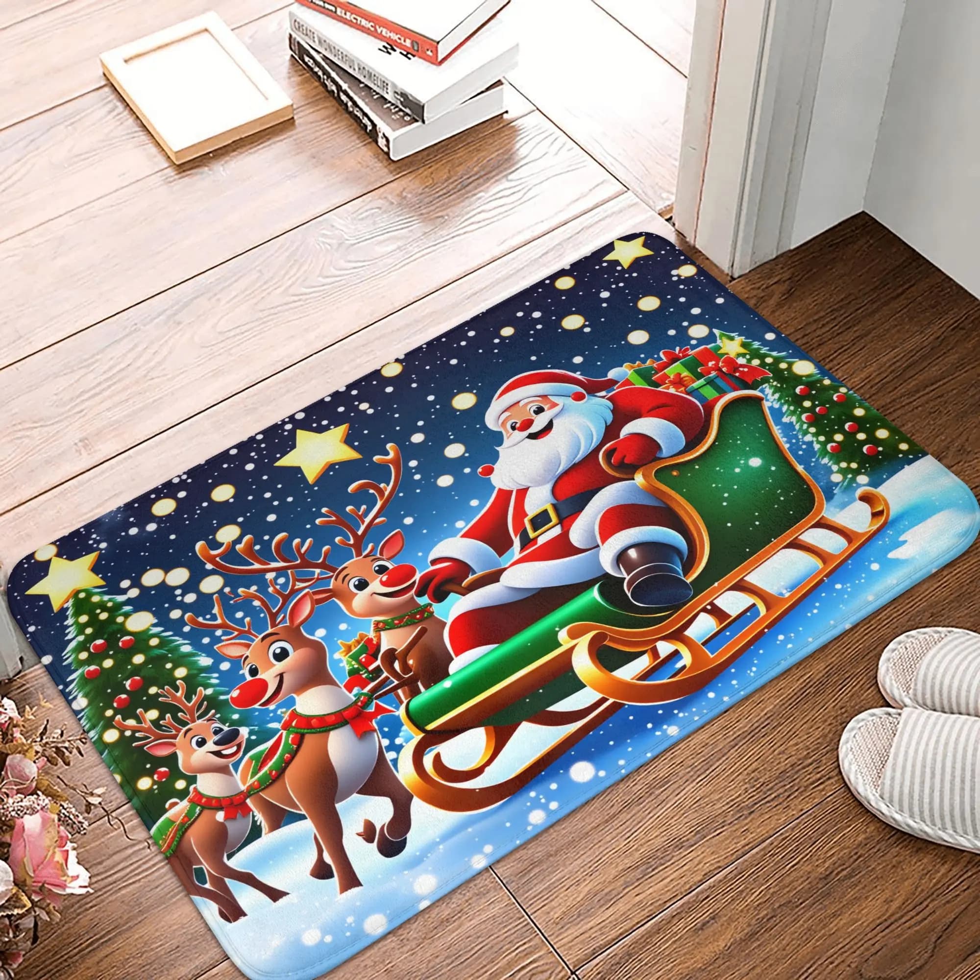 Divertente tappetino antiscivolo con Babbo Natale e renne, tappetino per ingresso, cucina, bagno, camera da letto, balcone